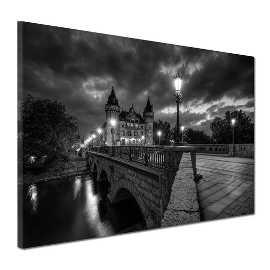 Schlossbrücke Schwerin schwarz weiß Abendlicht Wandbild