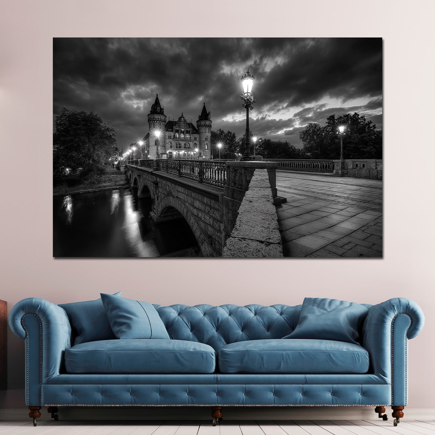Schlossbrücke Schwerin schwarz weiß Abendlicht Wandbild