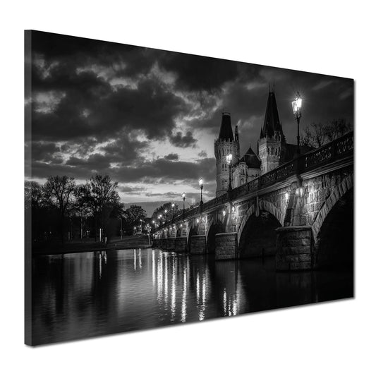 Schlossbrücke Schwerin schwarz weiß bei Dämmerung Wandbild