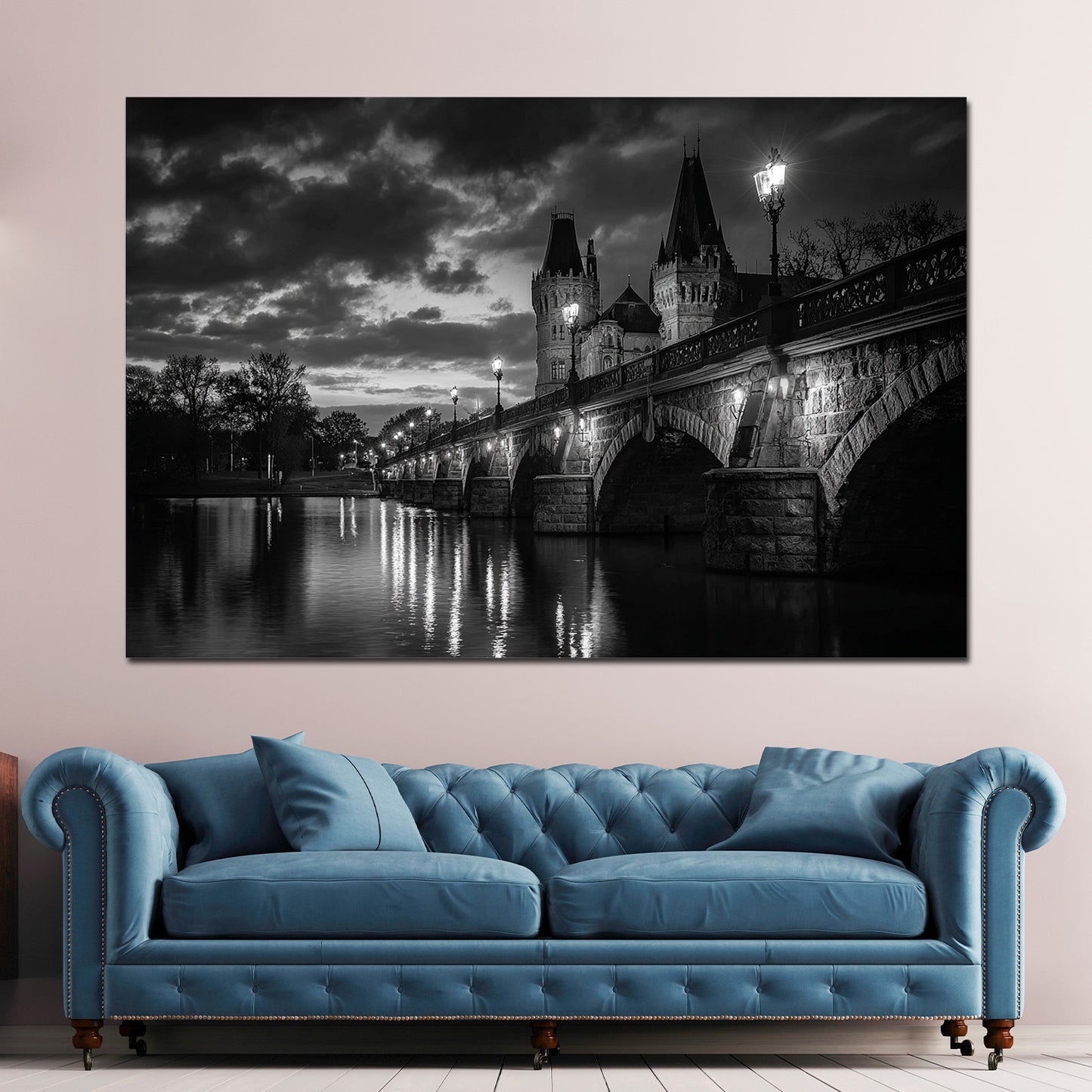 Schlossbrücke Schwerin schwarz weiß bei Dämmerung Wandbild