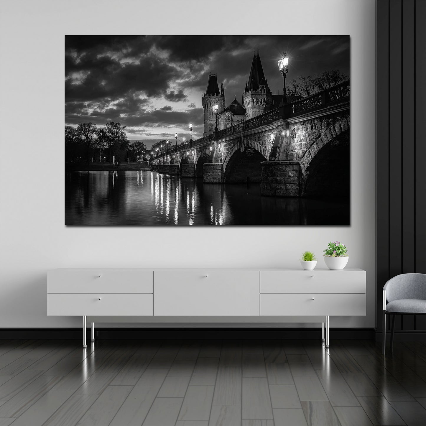 Schlossbrücke Schwerin schwarz weiß bei Dämmerung Wandbild