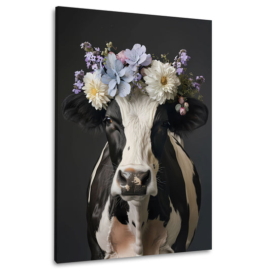 Schwarz weiße Kuh mit Blumenkranz fotorealistisch Wandbild