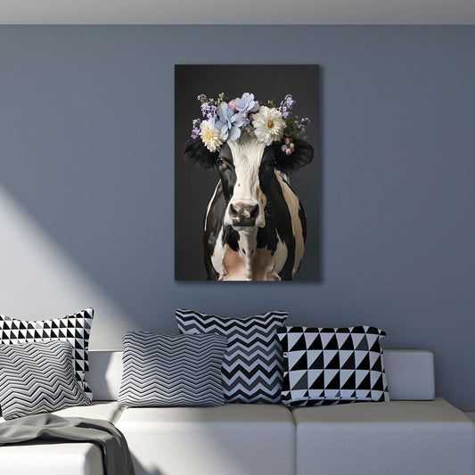 Schwarz weiße Kuh mit Blumenkranz fotorealistisch Wandbild