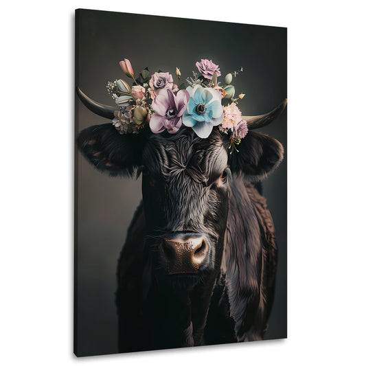 Schwarze Kuh mit Blumenkranz Wandbild