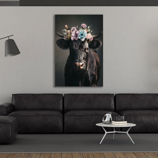 Schwarze Kuh mit Blumenkranz Wandbild