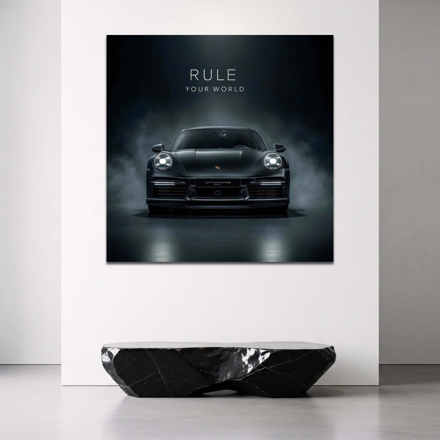 Schwarzer Porsche Rule Your World Motivations Wandbild