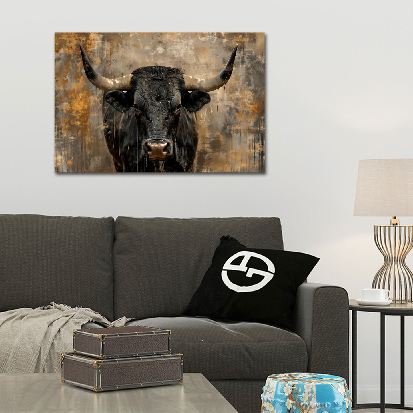 Schwarzer Stier Porträt Tier mit großen Hörnern Wandbild