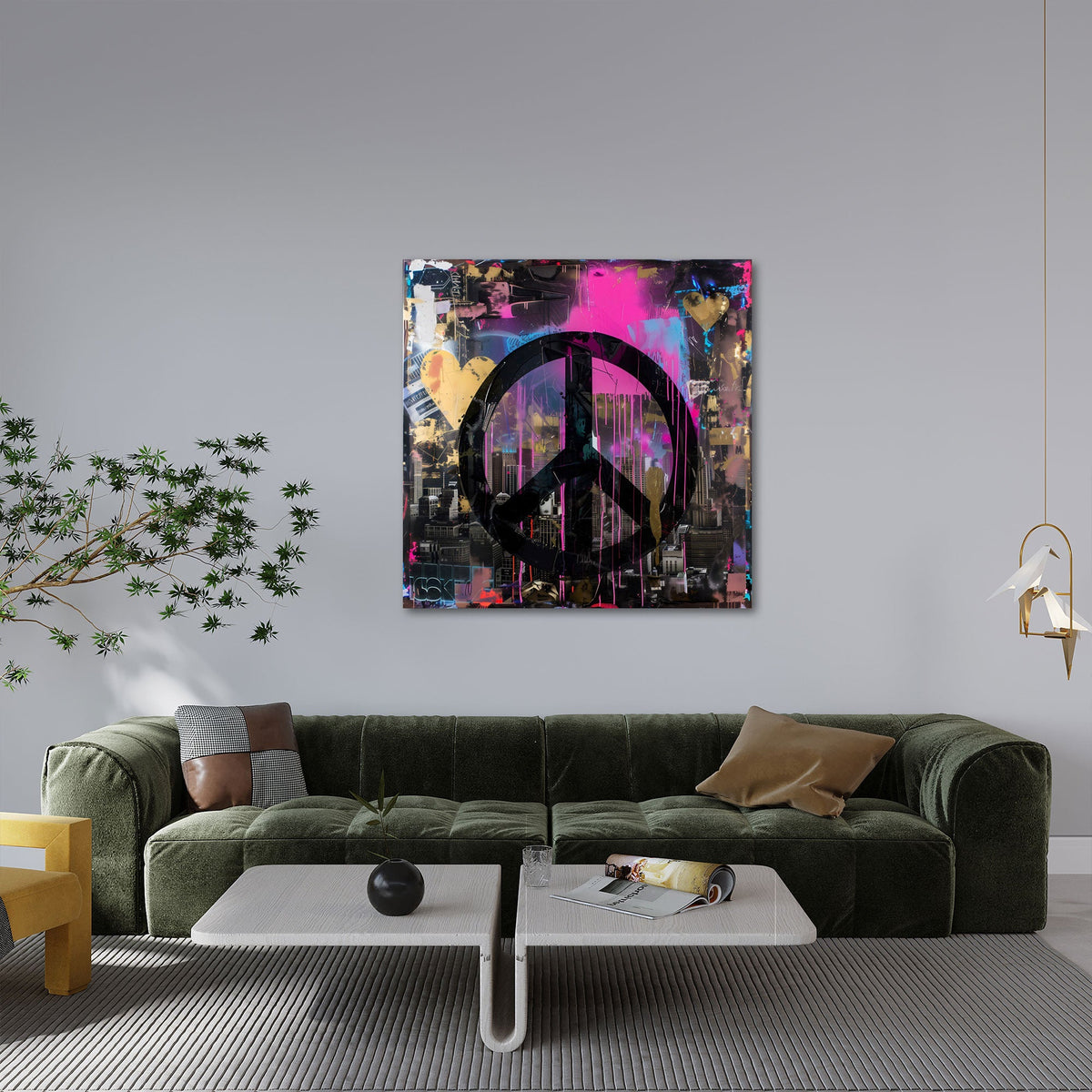 Schwarzes Peace Zeichen auf pinker Graffiti Wand Wandbild