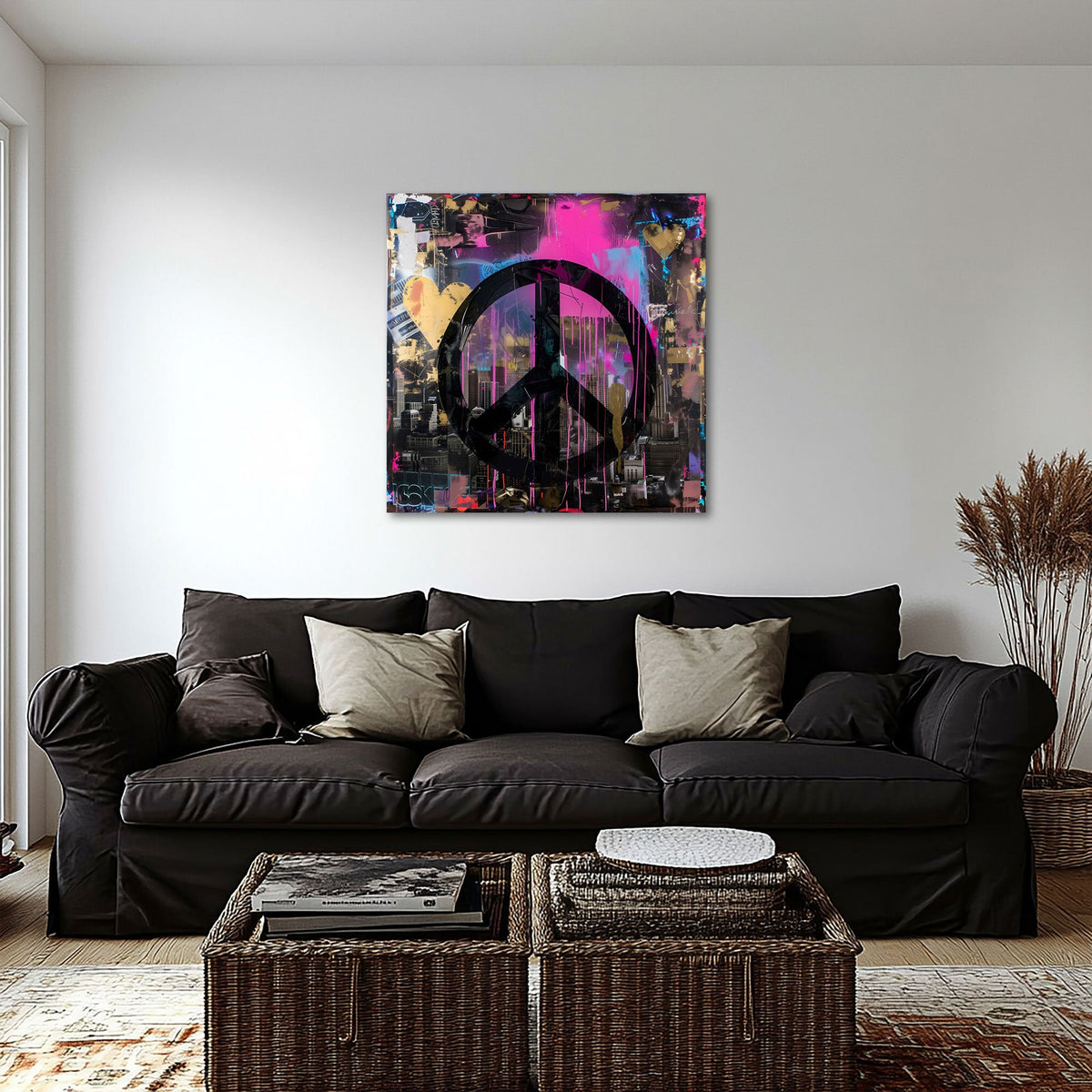 Schwarzes Peace Zeichen auf pinker Graffiti Wand Wandbild