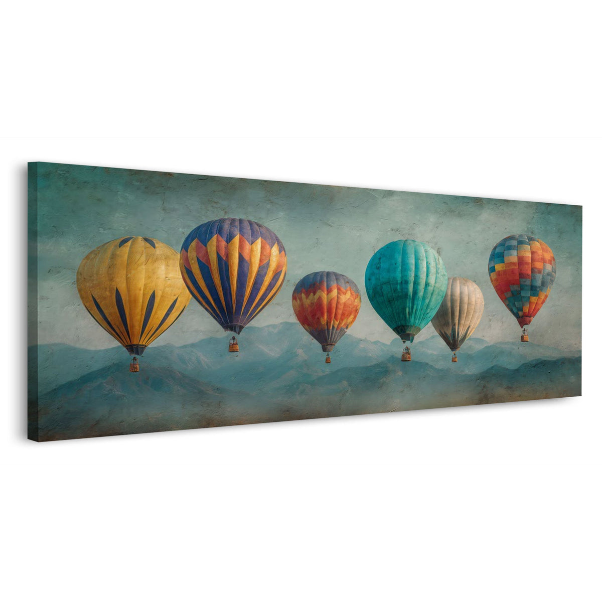 Sechs Heißluftballons über blauen Bergen Panorama Wandbild