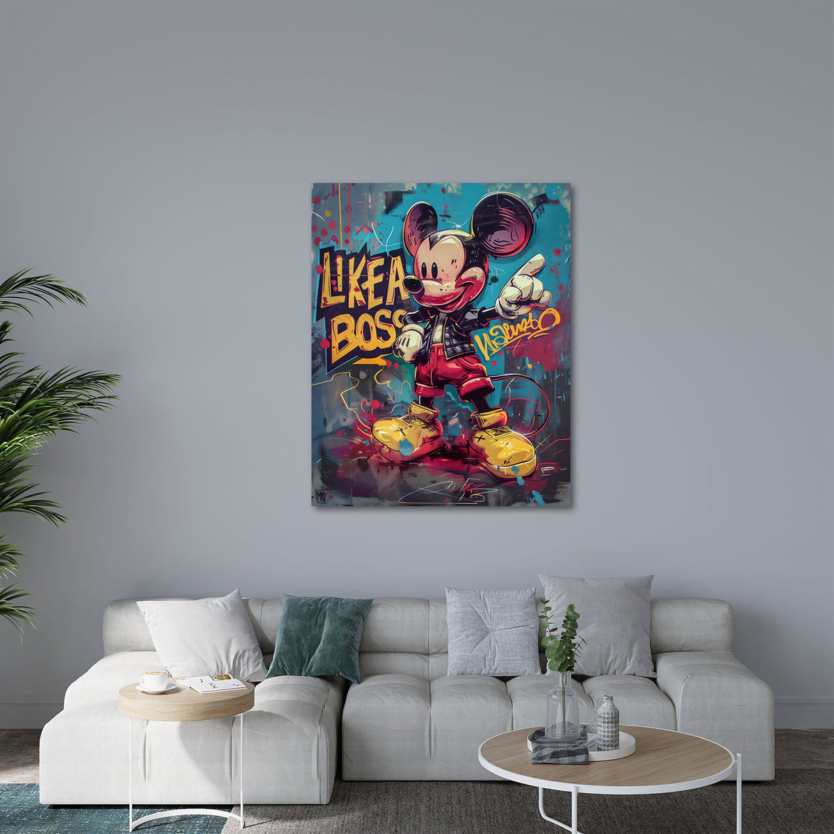 Selbstbewusster Mickey mit Like a Boss Street Art Wandbild