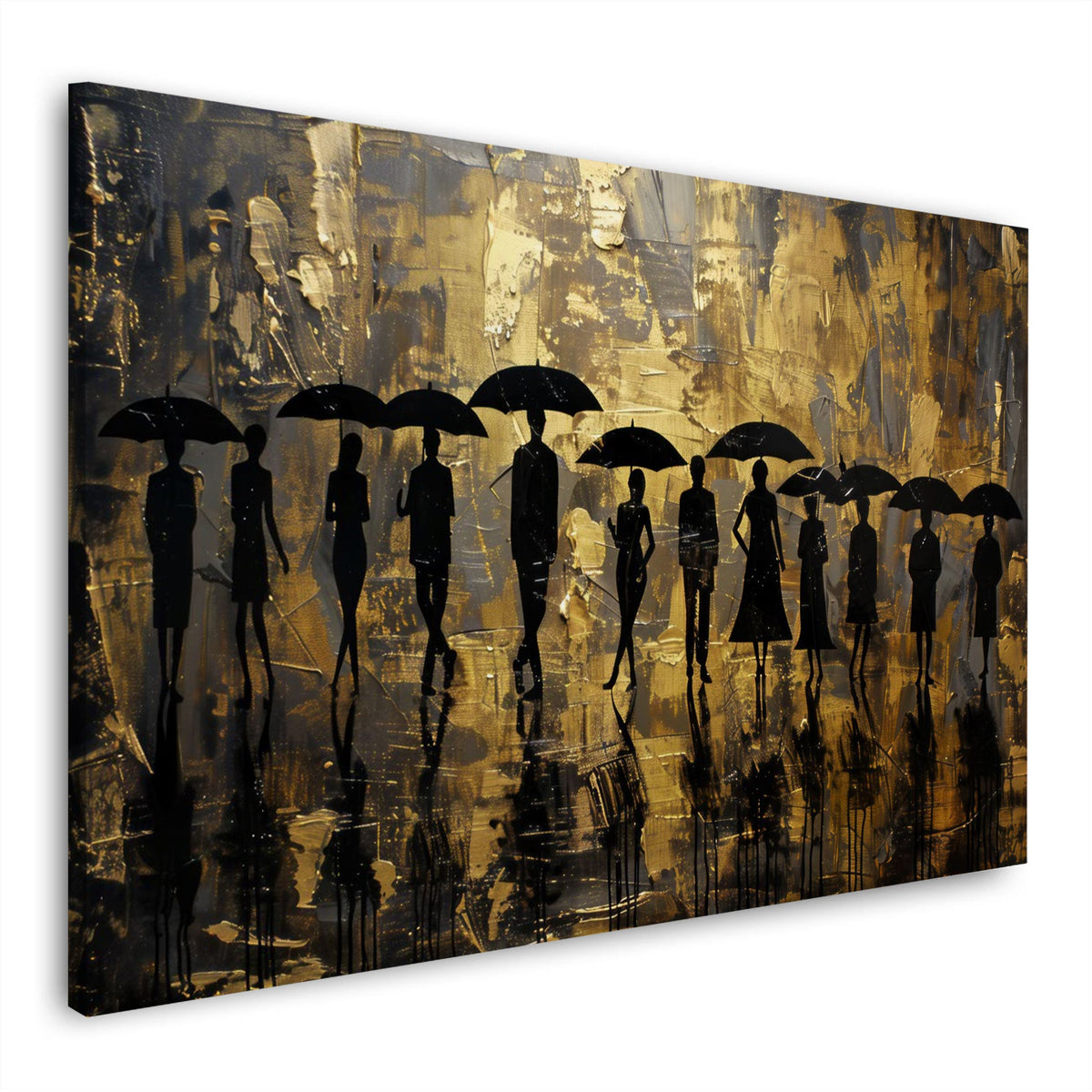 Silhouetten mit Regenschirmen vor goldenem Grund Wandbild im Querformat