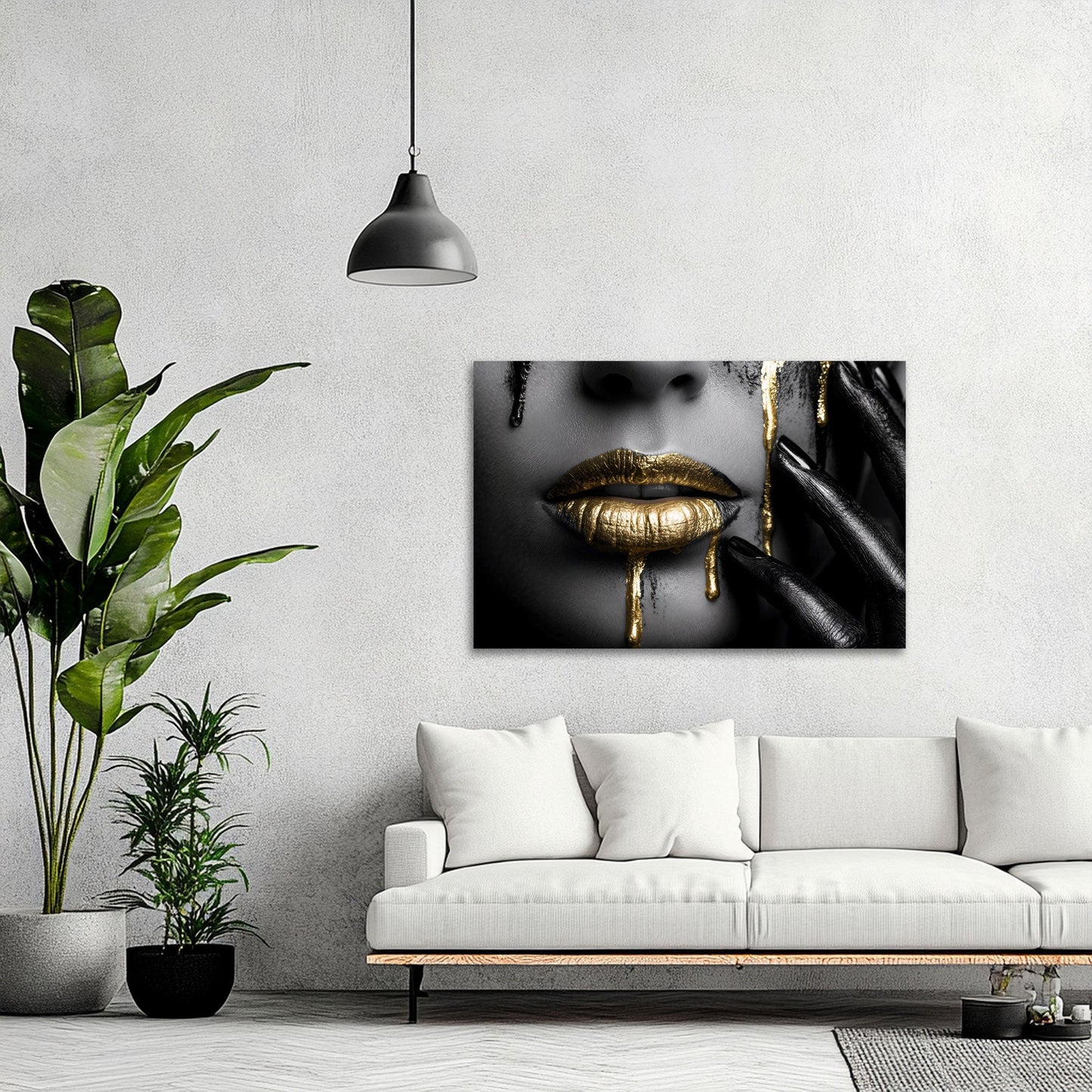 Sinnliche goldene Lippen einer Frau mit fließender Farbe Wandbild