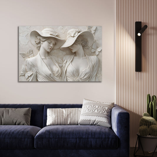 Skulptur Frauen mit Hüten Schmetterlinge Marmor Stil Wandbild