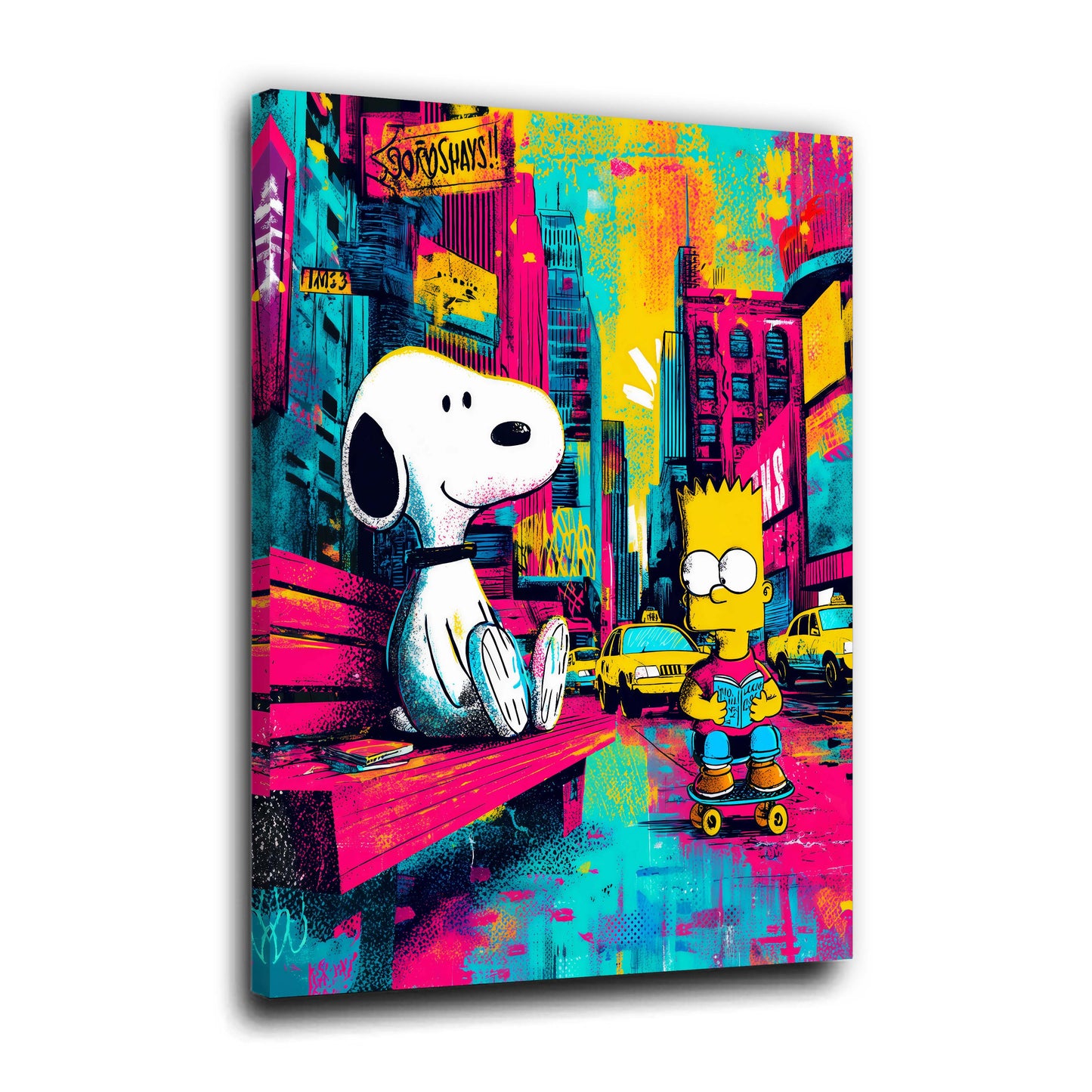 Snoopy und Bart Simpson in buntem New York Pop Art Wandbild