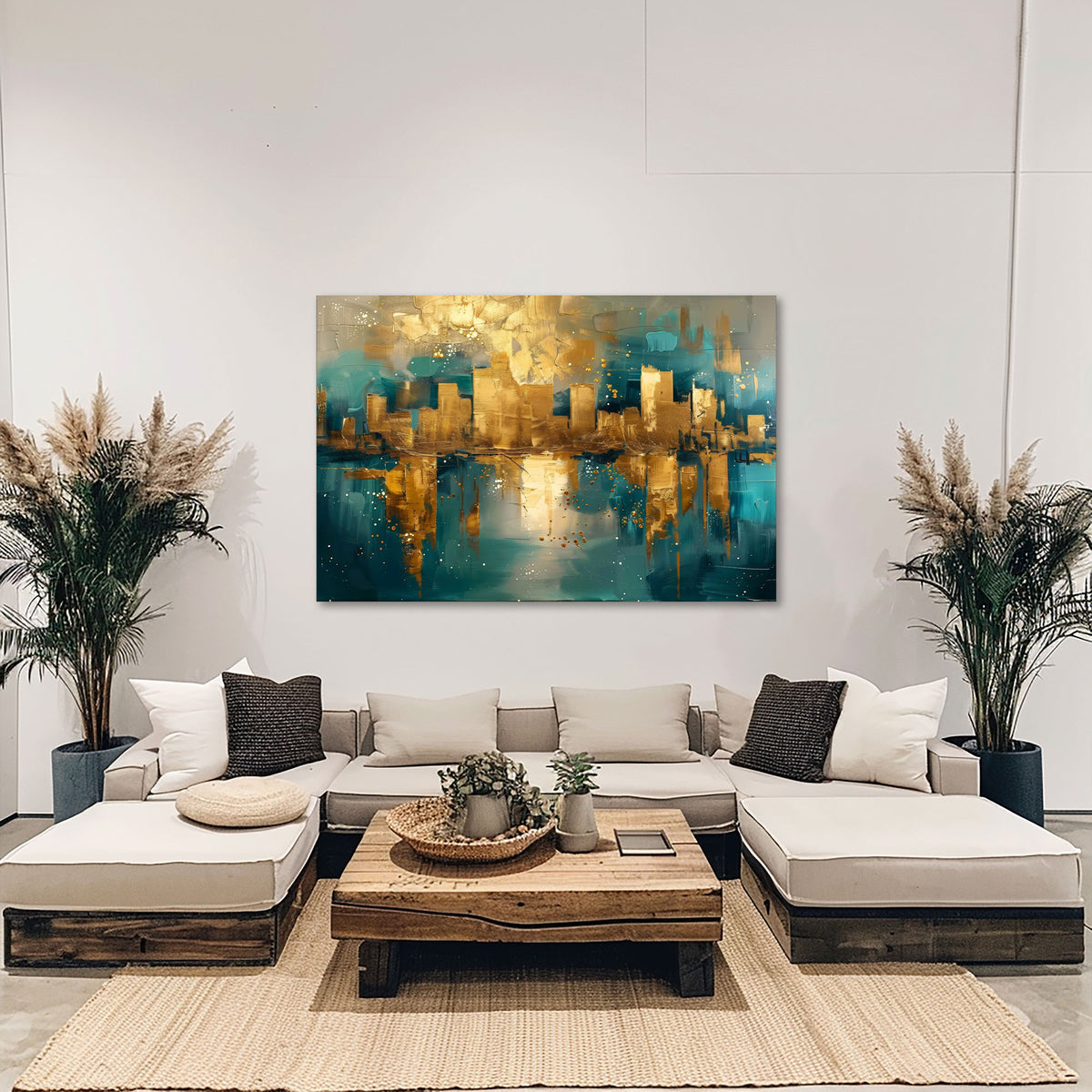 Stadt Skyline in Gold und Pastelltönen als Wandbild