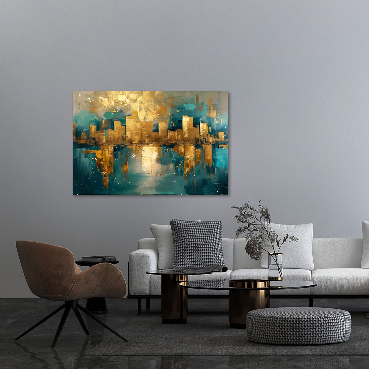 Stadt Skyline in Gold und Pastelltönen als Wandbild