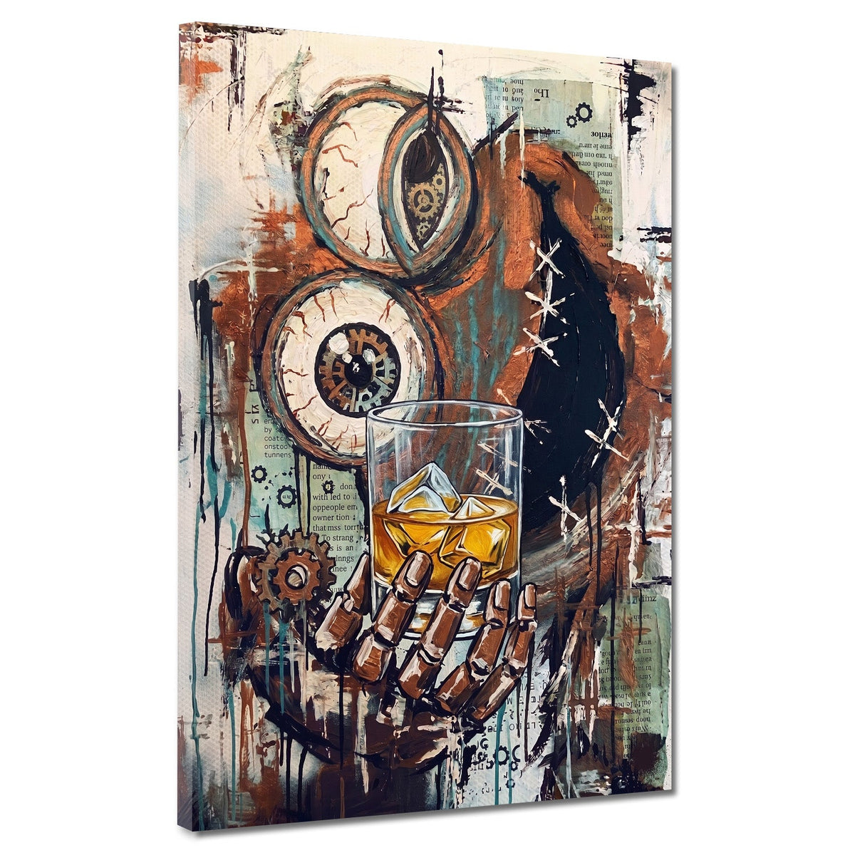 Steampunk Skelett mit Whiskeyglas und Zahnrädern Wandbild