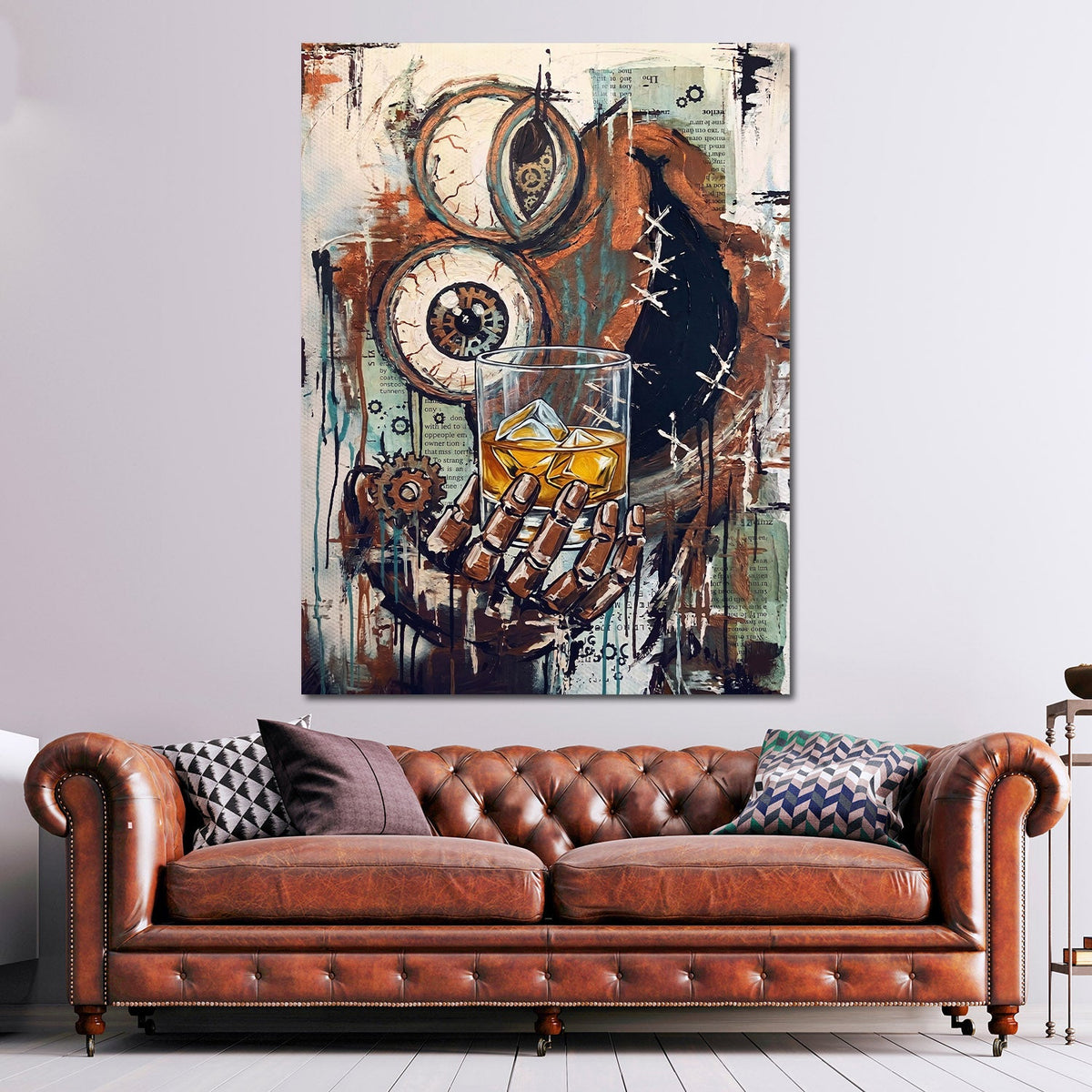 Steampunk Skelett mit Whiskeyglas und Zahnrädern Wandbild