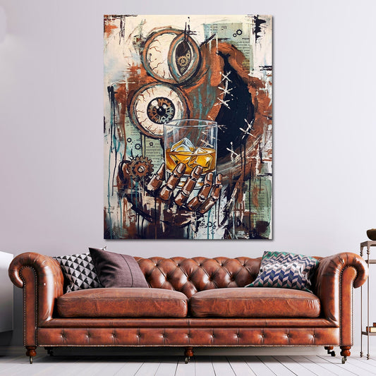 Steampunk Skelett mit Whiskeyglas und Zahnrädern Wandbild
