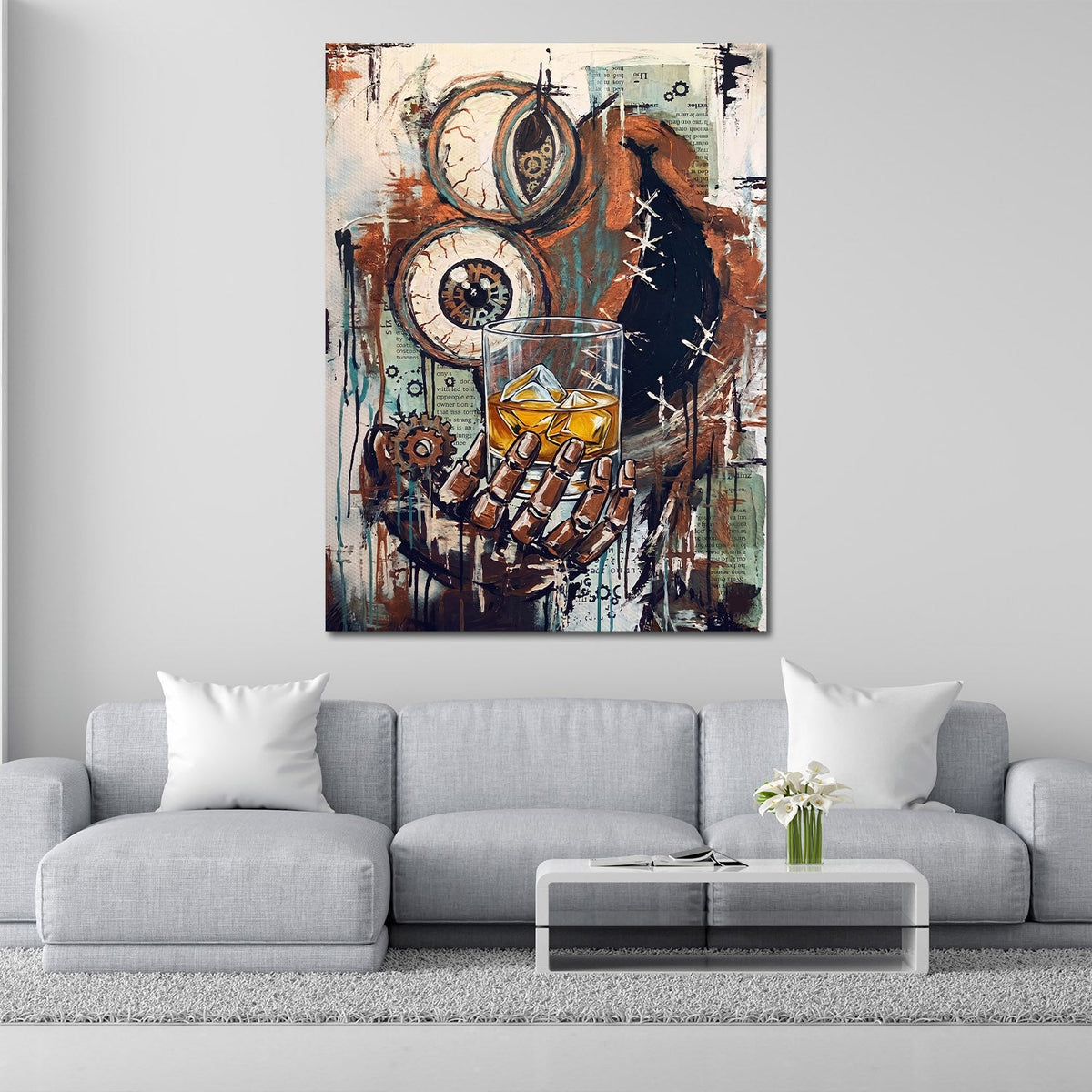 Steampunk Skelett mit Whiskeyglas und Zahnrädern Wandbild