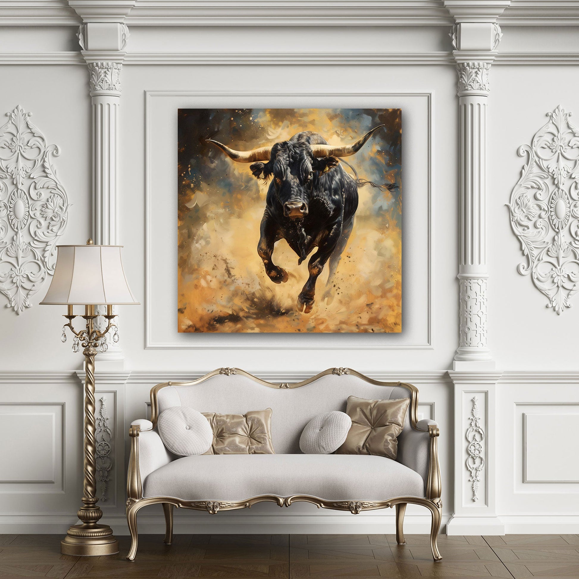 Stier Frontalportrait abstrakt farbenfroh Wandbild