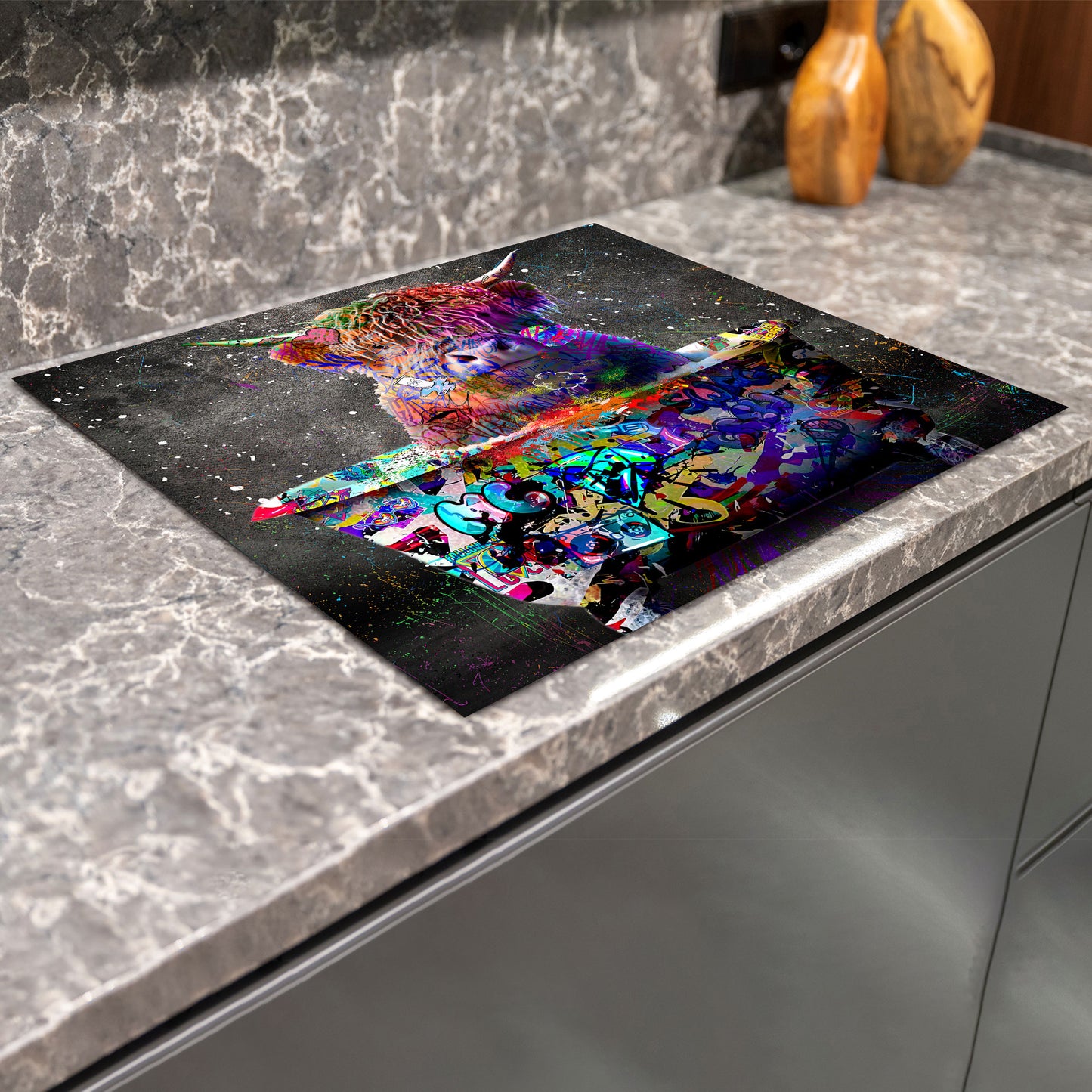 Stier in Badewanne Graffiti Herdabdeckplatte Induktionsschutz für Ceranfeld & Küche Deko