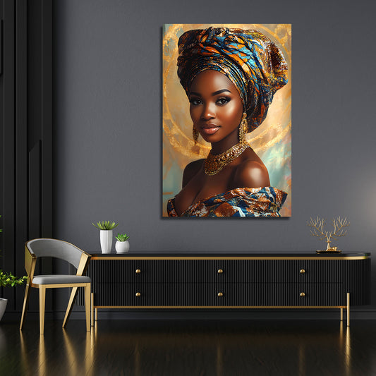 Stilvolle Afrikanerin mit Schmuck und traditioneller Kleidung Wandbild