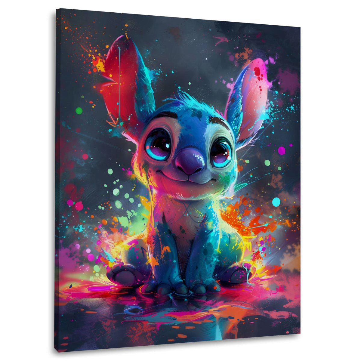 Stitch mit großen Augen in bunter Farbexplosion Wandbild
