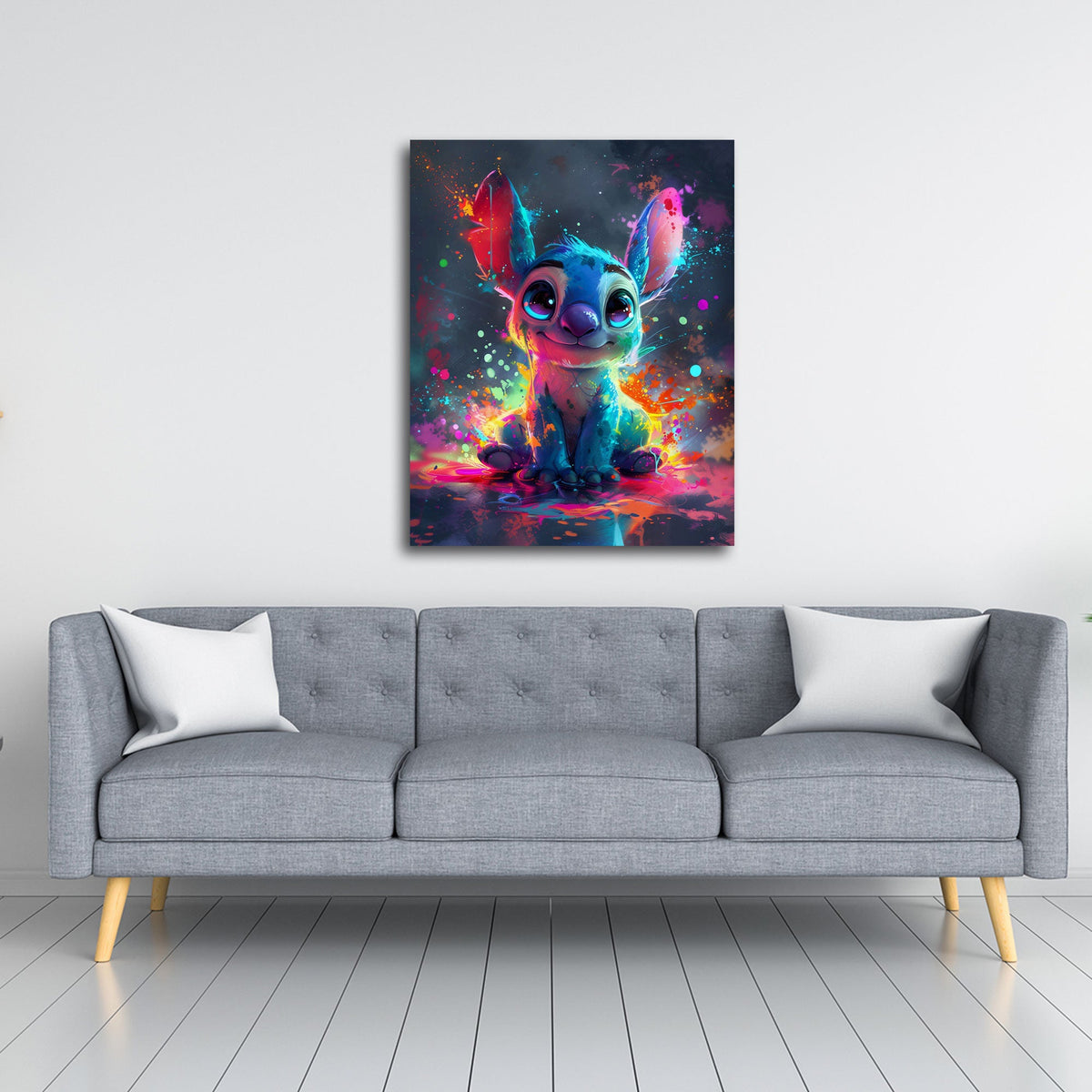 Stitch mit großen Augen in bunter Farbexplosion Wandbild