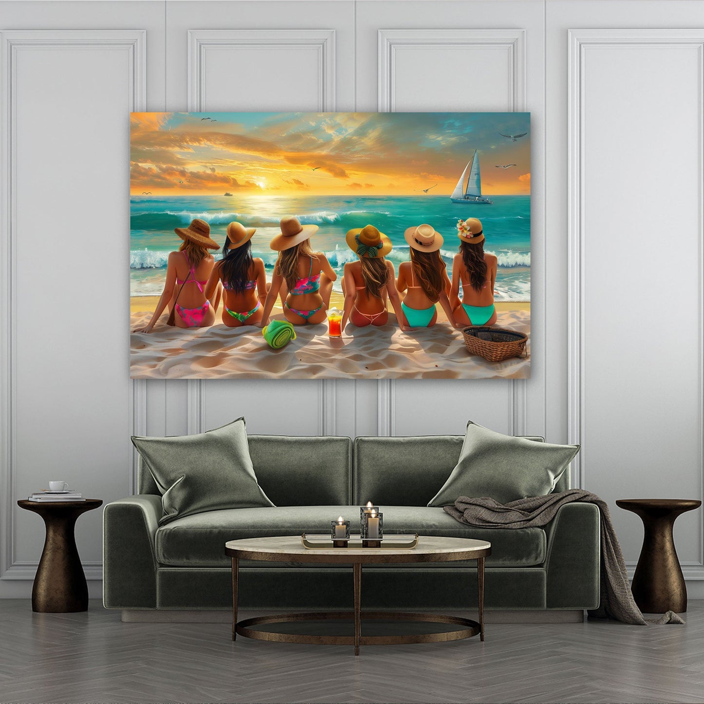 Strandszene Frauen farbenfroh in Aquarell Wandbild
