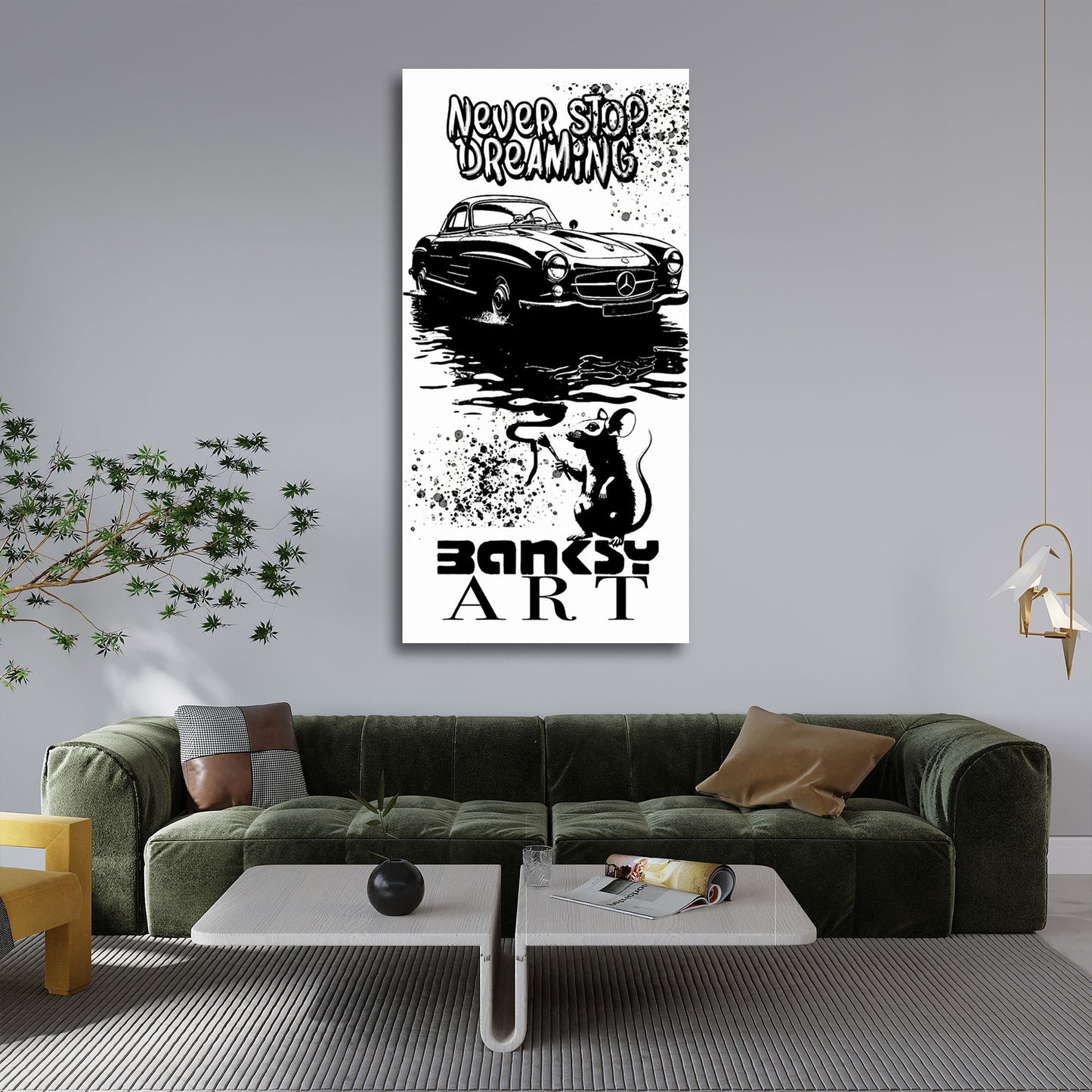 Street Art Auto mit Ratte schwarz weiß BANKSY-ART Wandbild