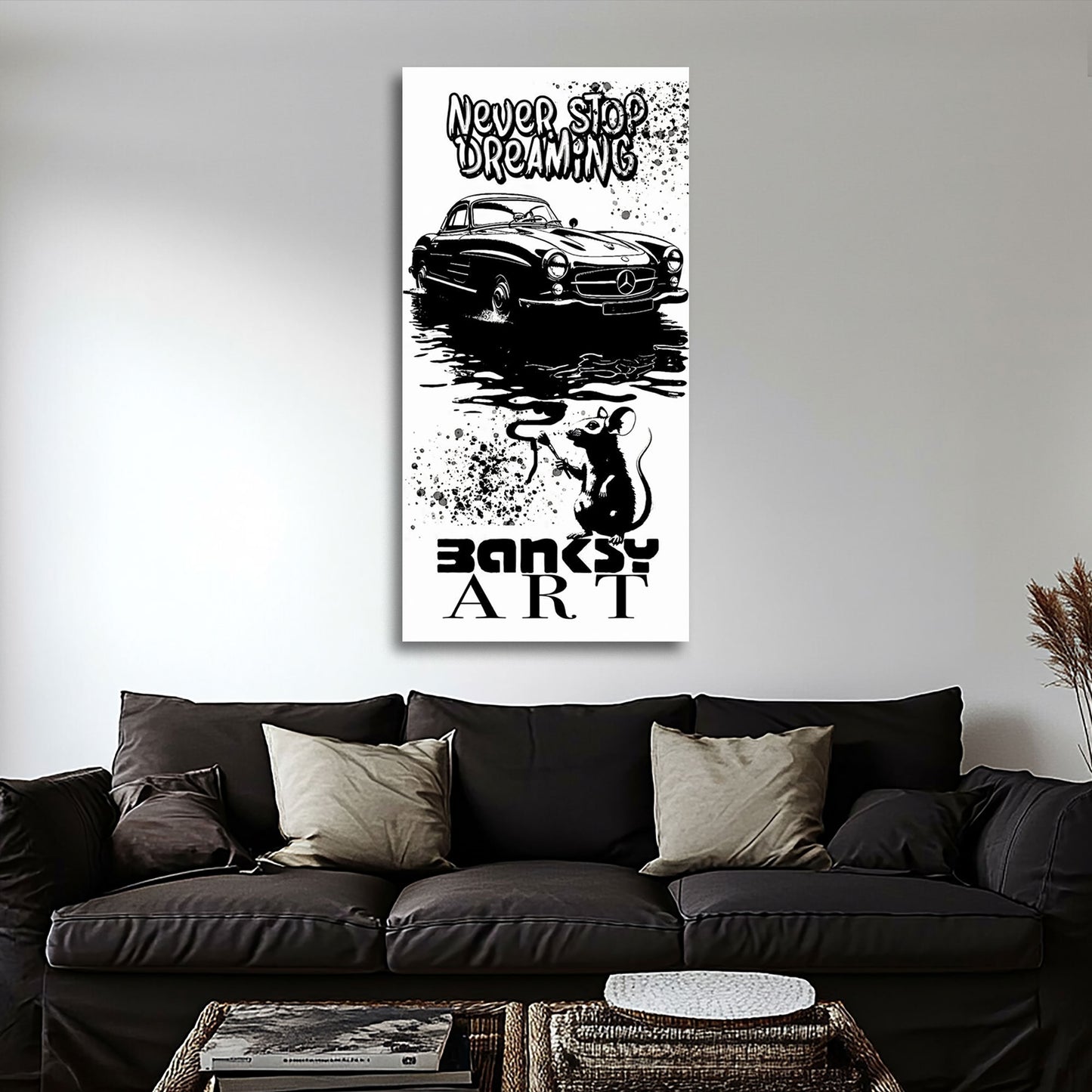 Street Art Auto mit Ratte schwarz weiß BANKSY-ART Wandbild