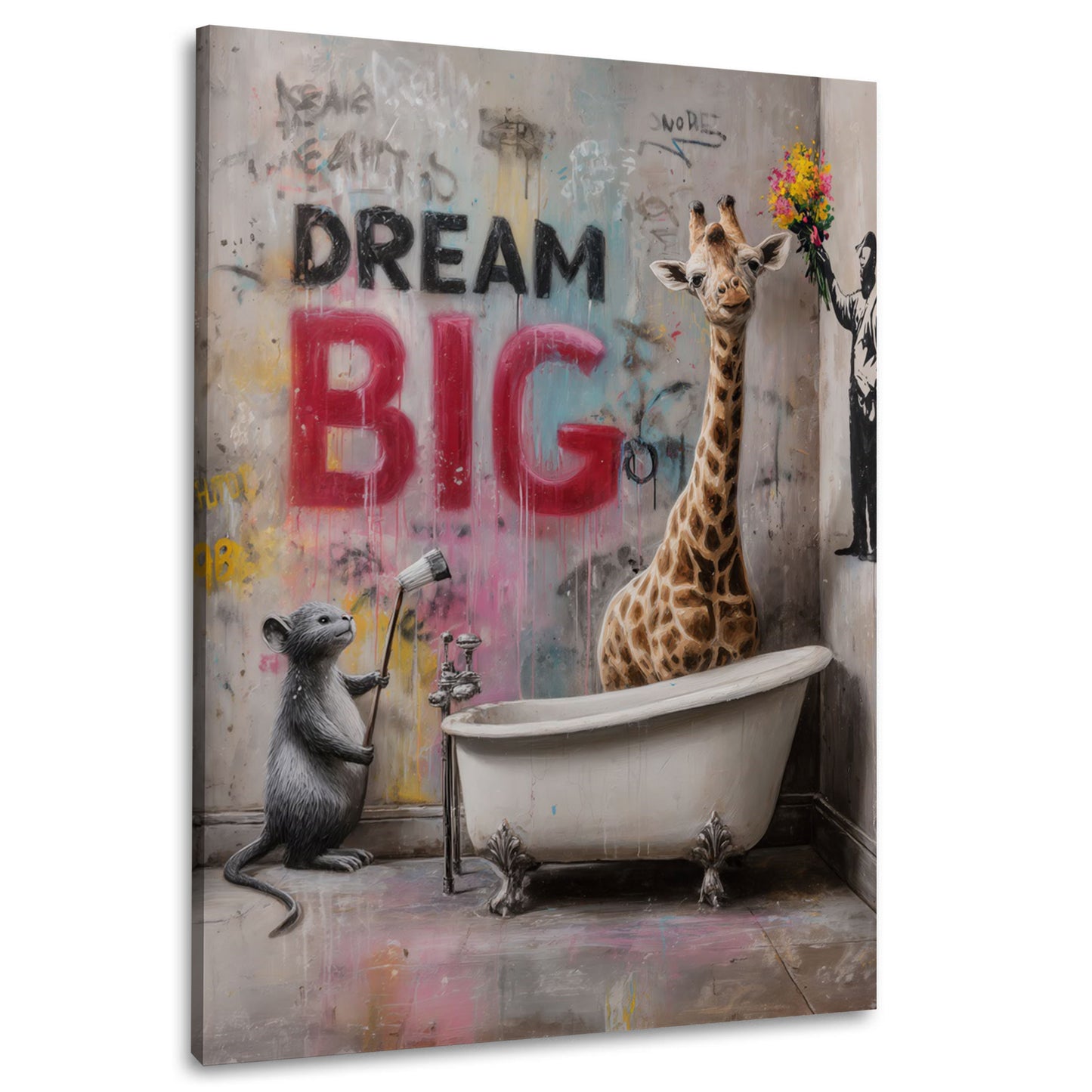 Street Art Badewanne Ratte und Giraffe Dream Big Graffiti Wandbild