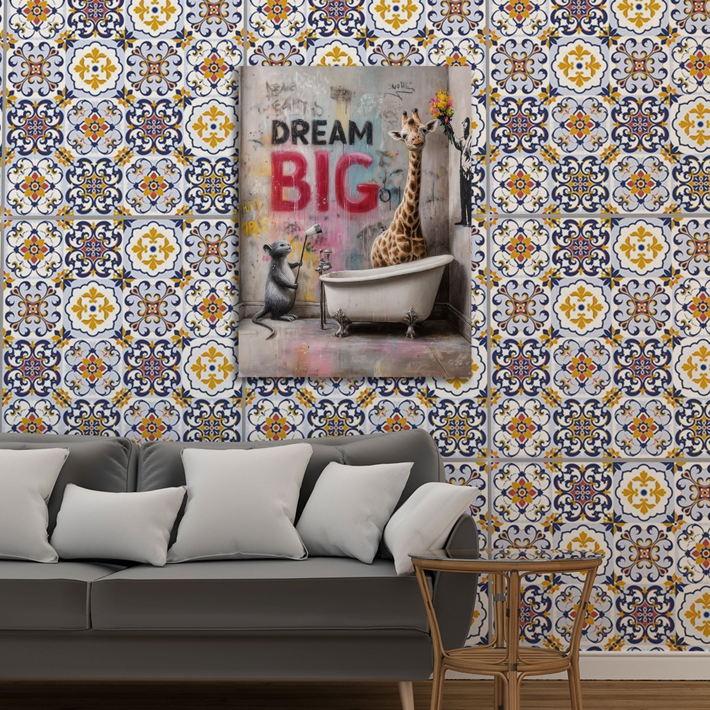 Street Art Badewanne Ratte und Giraffe Dream Big Graffiti Wandbild