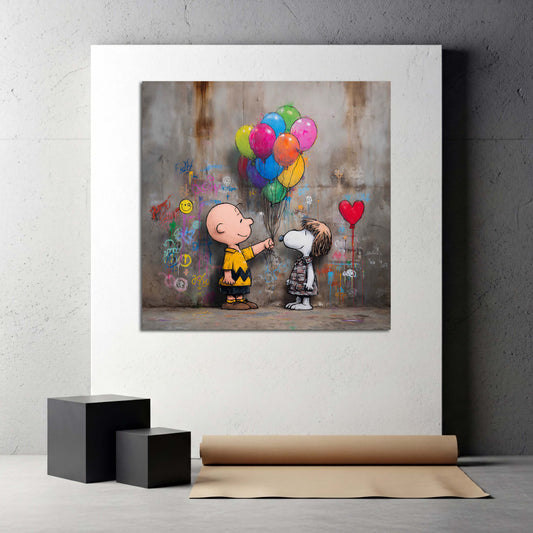 Street Art Comic Charlie Junge mit Hund Ballons Graffiti Wandbild