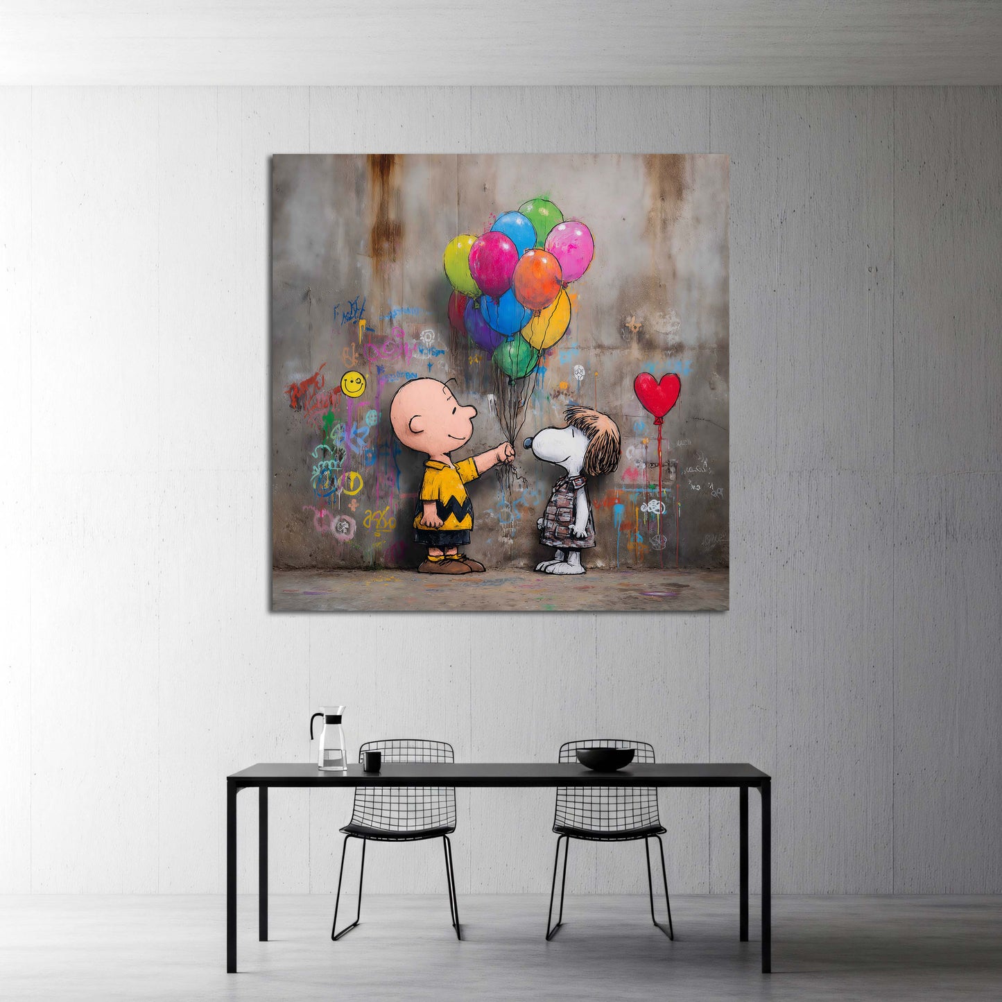 Street Art Comic Charlie Junge mit Hund Ballons Graffiti Wandbild