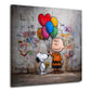 Street Art Comic Charlie mit Hund und Herzballons Wandbild