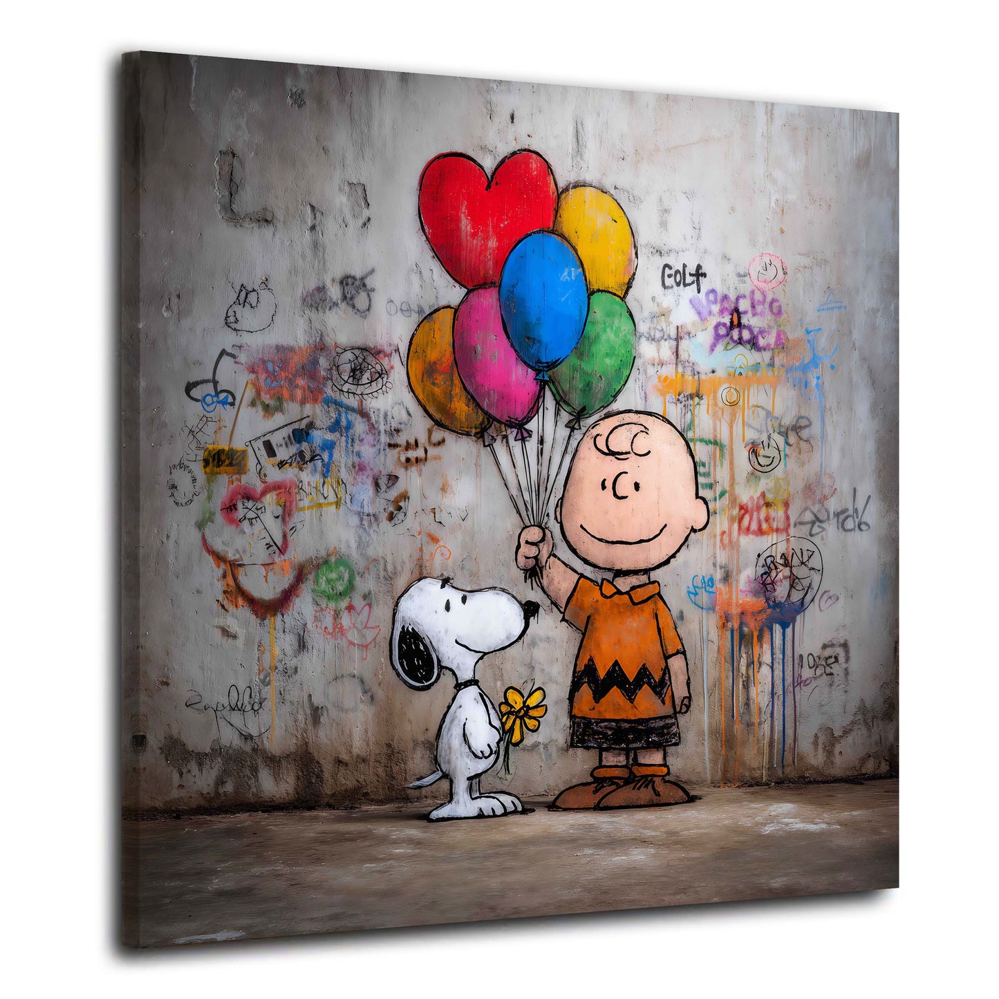 Street Art Comic Charlie mit Hund und Herzballons Wandbild