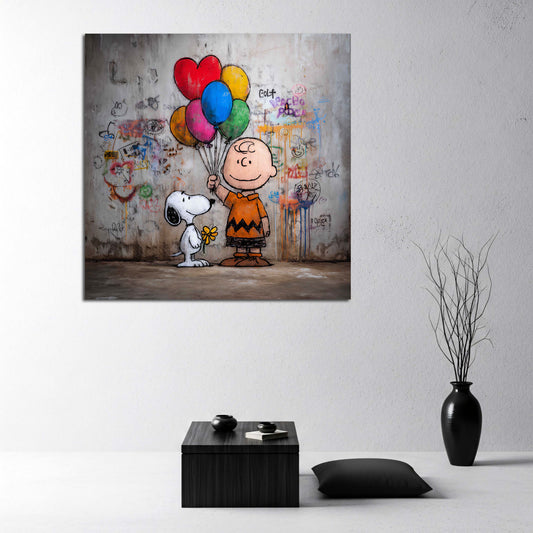 Street Art Comic Charlie mit Hund und Herzballons Wandbild