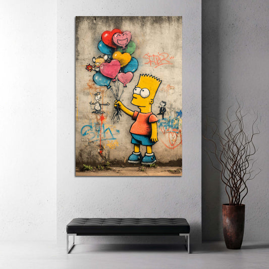 Street Art Bart Comicfigur Ballons Herzmotiv Graffiti Wandbild