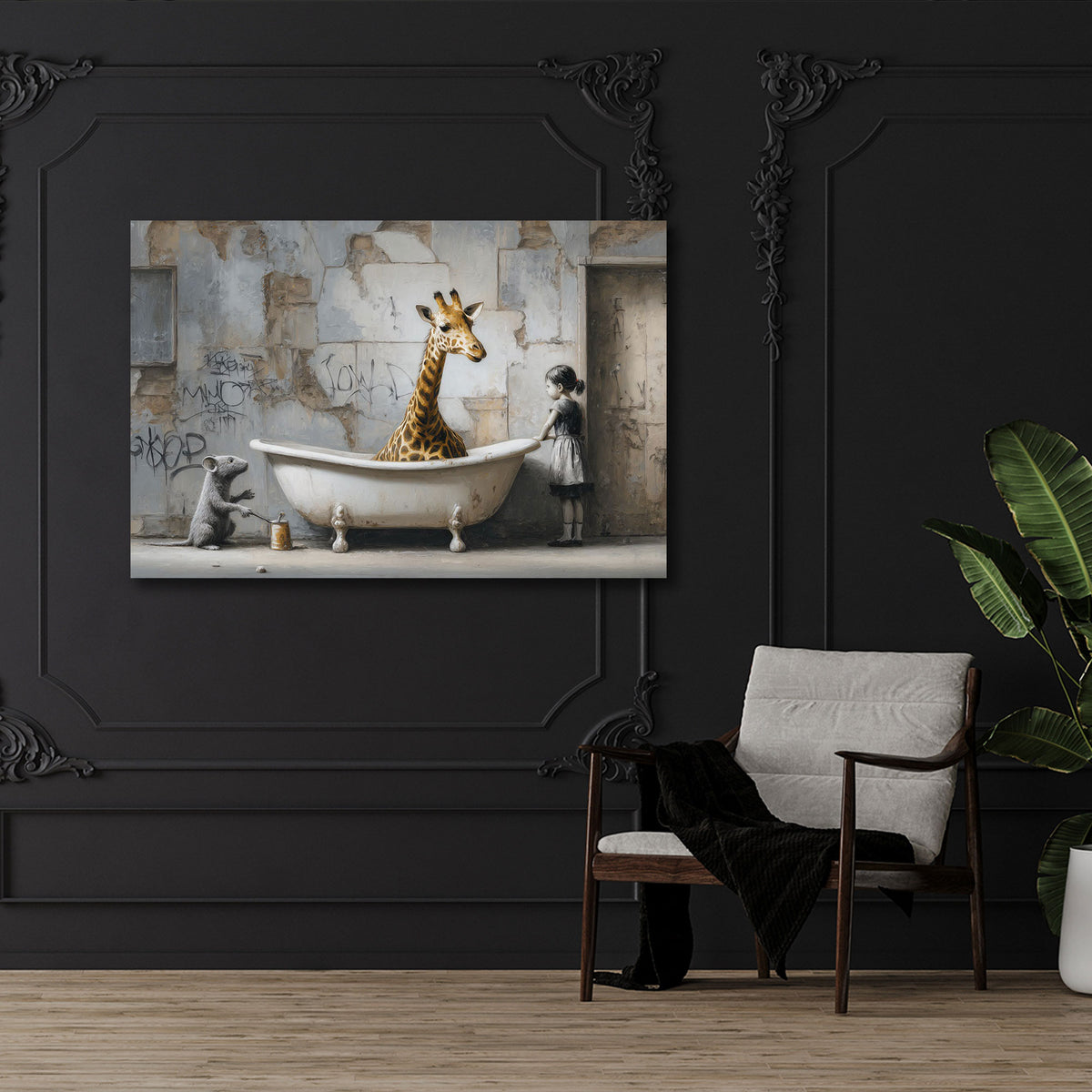 Street Art Giraffe Badewanne Mädchen Ratte Wandbild