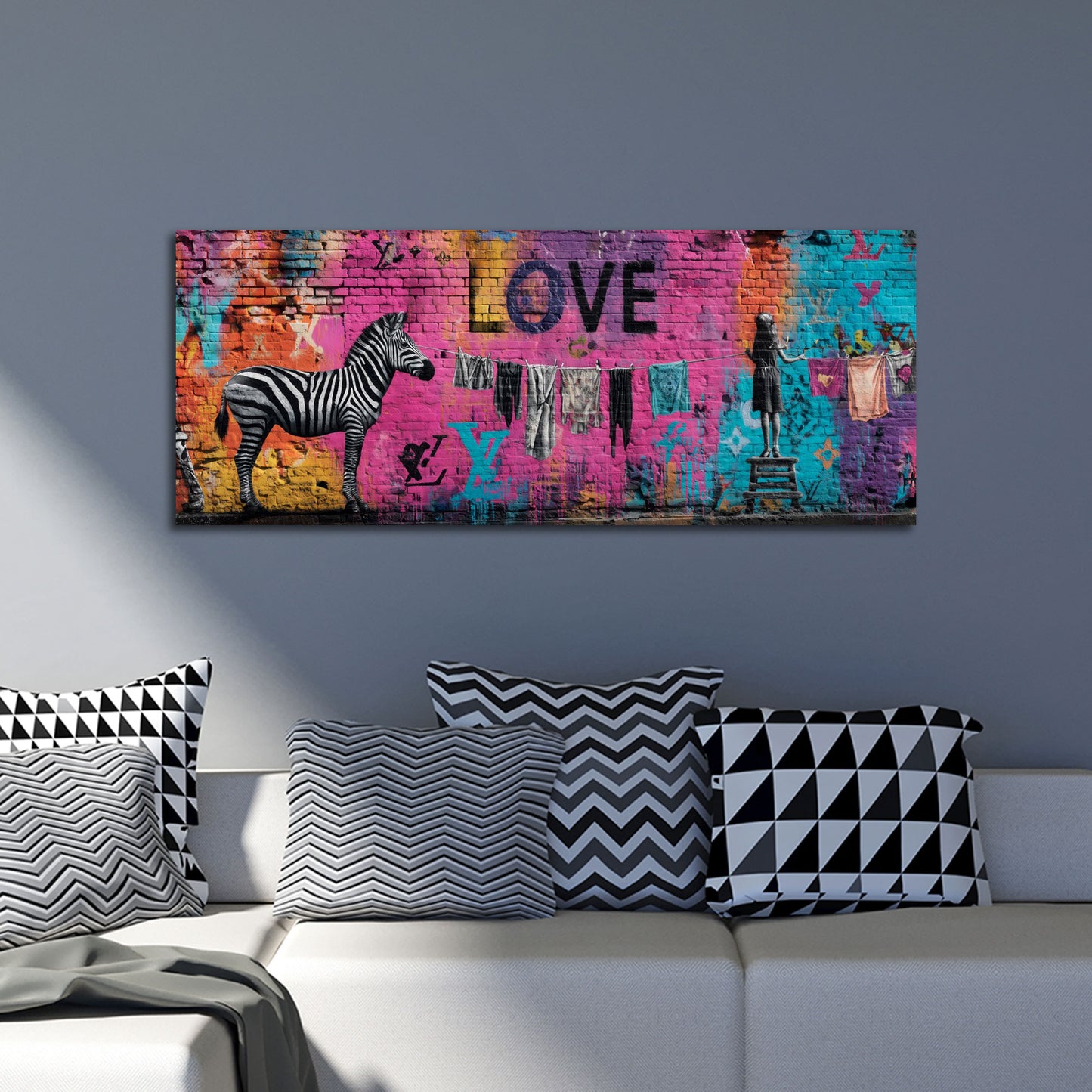 Street Art Graffiti Zebra Love Schrift Mädchen Wäscheleine Wandbild