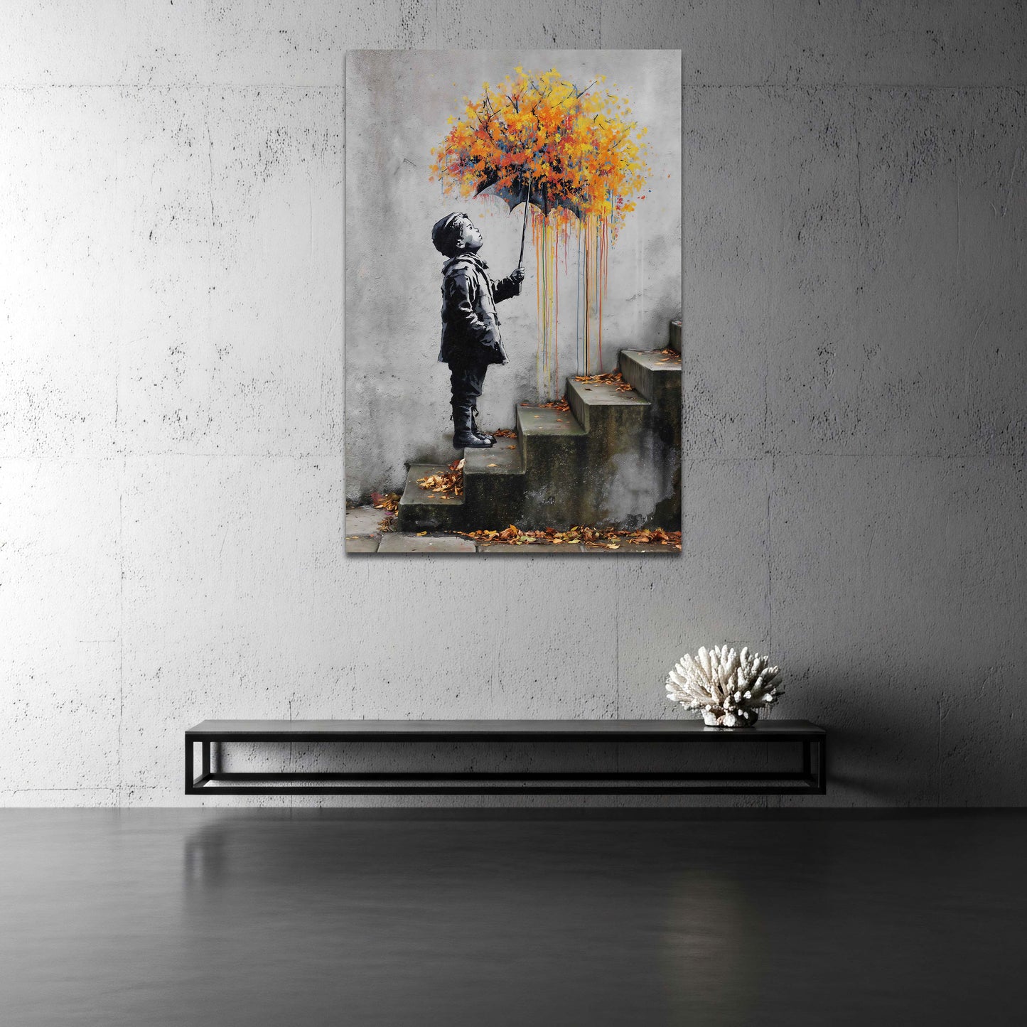 Street Art Junge Regenschirm Herbstfarben Wandbild