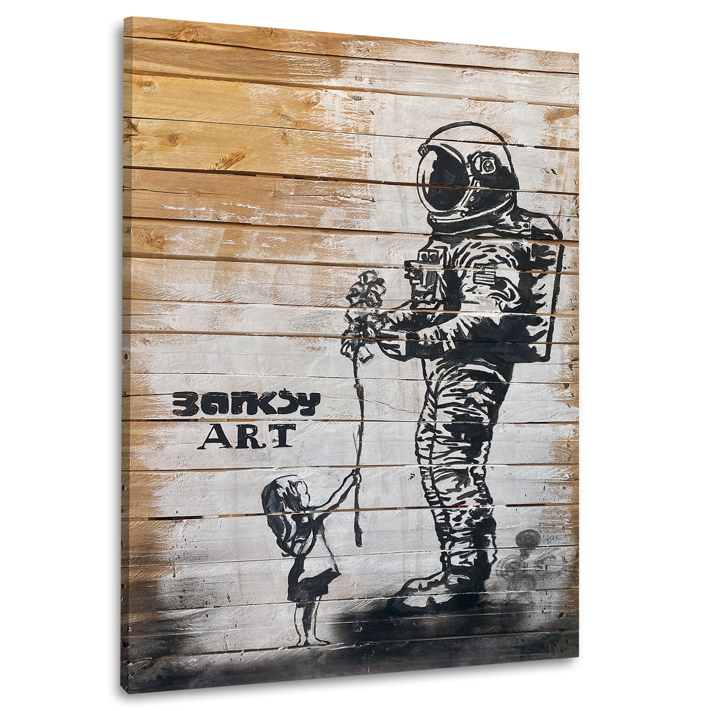 Street Art Kind gibt Astronaut verwelkte Blume BANKSY-ART Wandbild