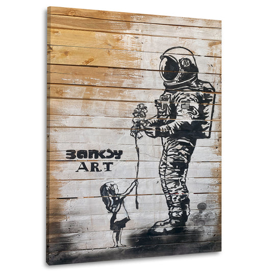 Street Art Kind gibt Astronaut verwelkte Blume BANKSY-ART Wandbild