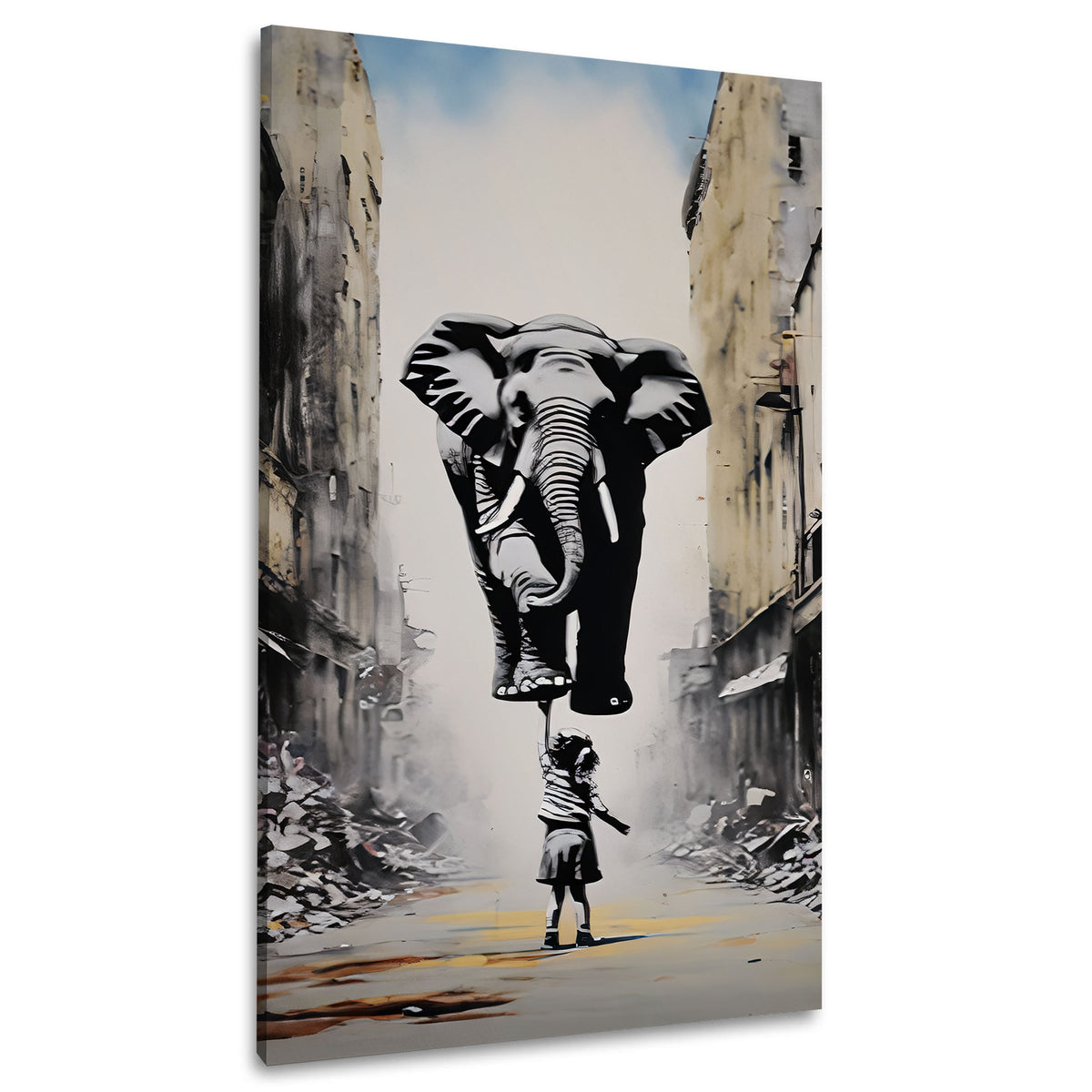 Street Art Kind hebt Elefant in einer Gasse BANKSY-ART Wandbild