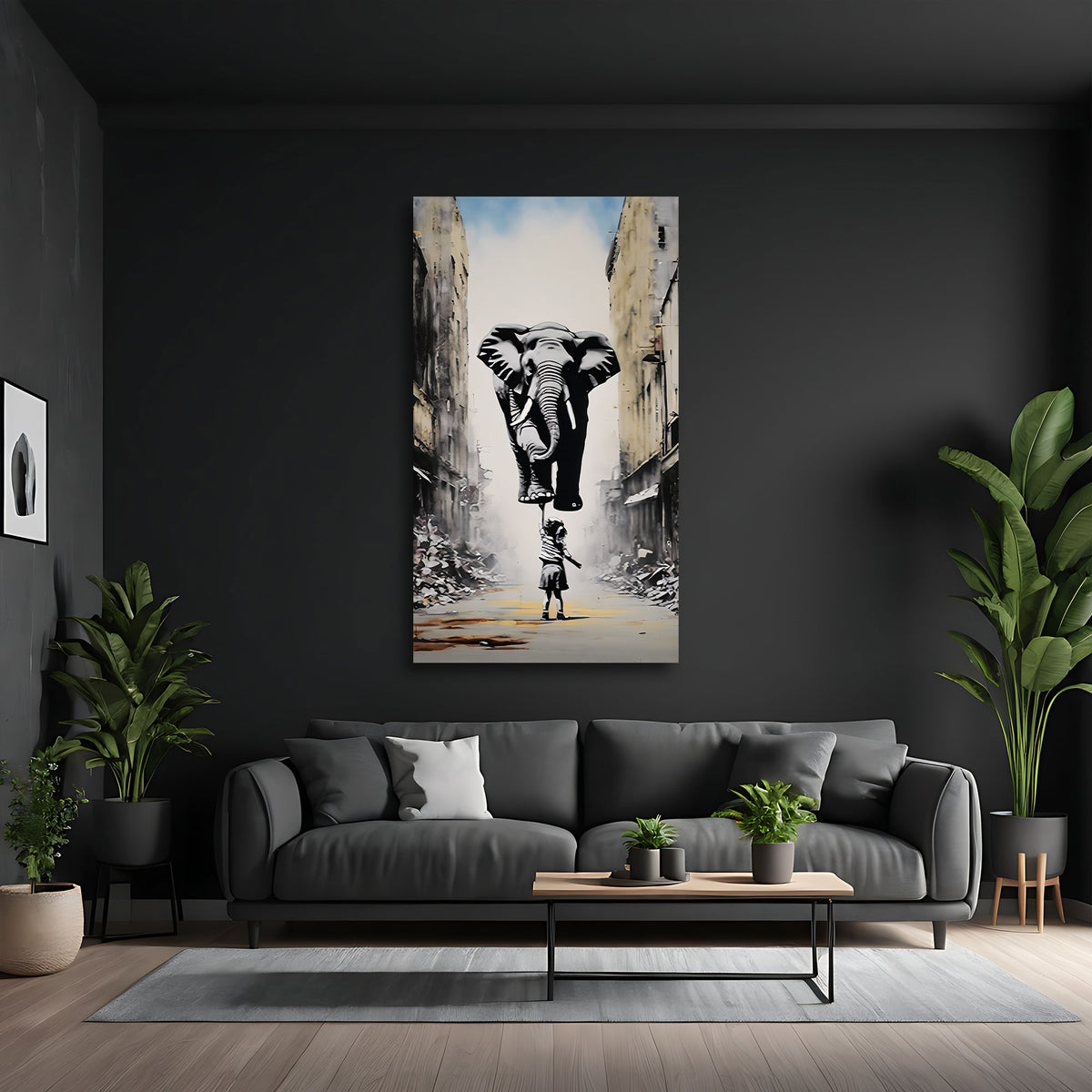 Street Art Kind hebt Elefant in einer Gasse BANKSY-ART Wandbild