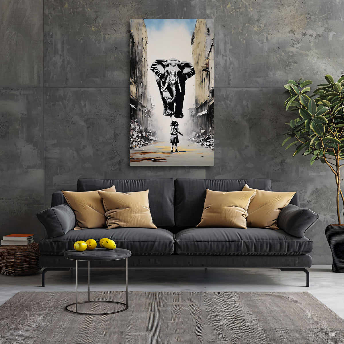 Street Art Kind hebt Elefant in einer Gasse BANKSY-ART Wandbild