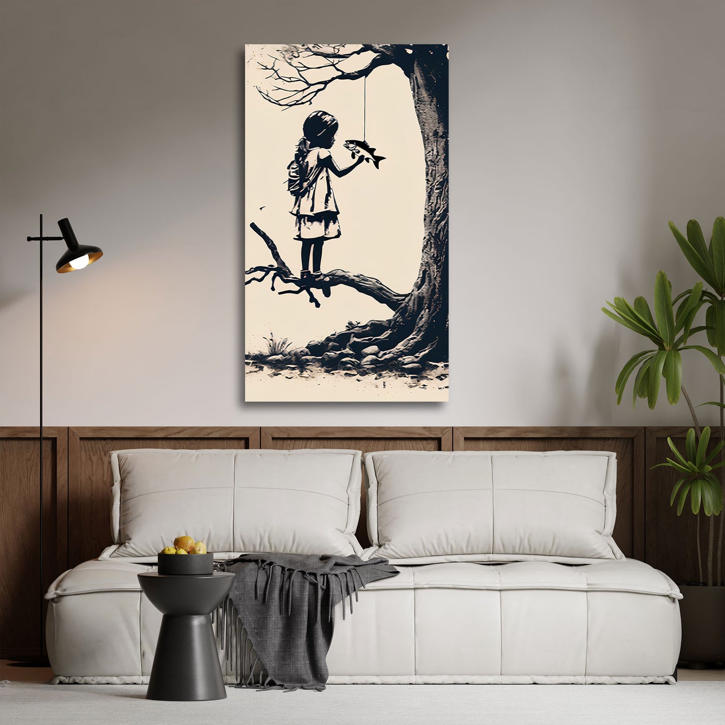 Street Art Kind mit Fisch am Baum BANKSY-ART Wandbild
